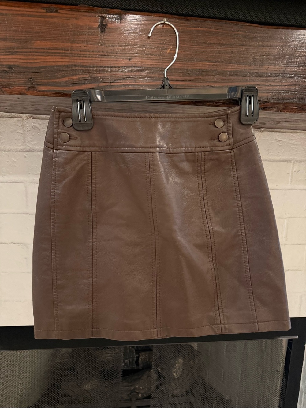 Free People Brown Faux Leather Mini Skirt with Snap Details